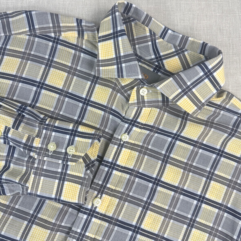Thomas Dean Button Down Mens Large Yellow Grey Plaid Pima Cotton Long Sleeve - Picture 1 of 13